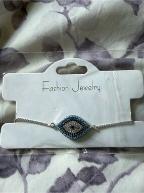 Fashion Jewelry Blue and Turquoise Evil Eye Bracelet - Silver Tone